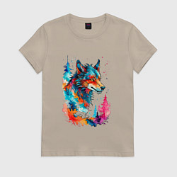 Футболка хлопковая женская Wolf watercolor, цвет: миндальный