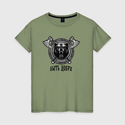 Женская футболка Медведь велес с топорами и в круге рун