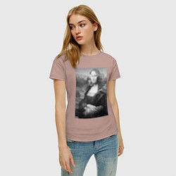 Футболка хлопковая женская Черная-белая Мона Лиза с глюками, цвет: пыльно-розовый — фото 2