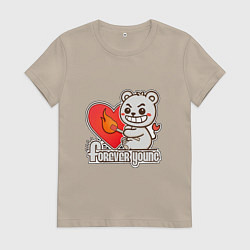 Футболка хлопковая женская Медведь хулиган с сердцем и спичкой, цвет: миндальный