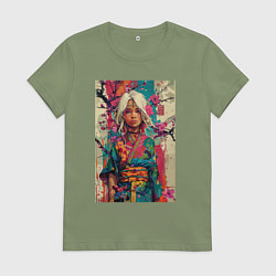 Футболка хлопковая женская Белокурая индейская девушка в японском кимоно - жи, цвет: авокадо