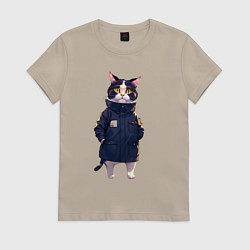 Женская футболка Кот в длинной куртке
