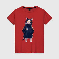 Женская футболка Кот в длинной куртке