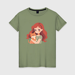 Женская футболка Девочка с рыжим котёнком