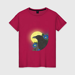 Женская футболка Чёрный ворон на ветке под луной