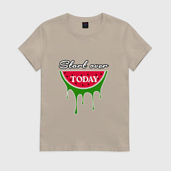 Футболка хлопковая женская Долька арбуза и надпись, цвет: миндальный