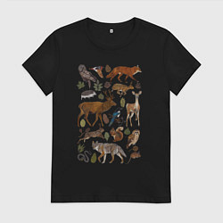 Футболка хлопковая женская Лесные животные и птицы, цвет: черный