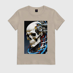 Футболка хлопковая женская Кибер череп - нейроарт фантазия, цвет: миндальный
