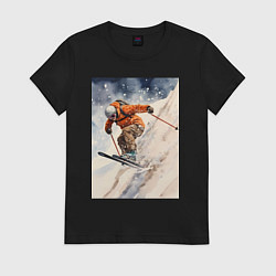 Футболка хлопковая женская Горные лыжи спортсмен, цвет: черный