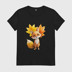 Футболка хлопковая женская Лисичка и осенние листья, цвет: черный