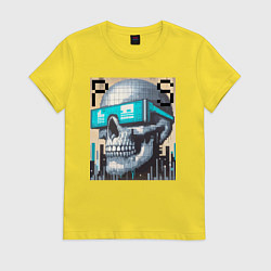 Футболка хлопковая женская Pixel skull - ai art fantasy, цвет: желтый