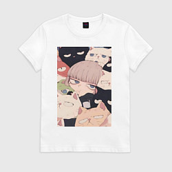 Футболка хлопковая женская Девушка с котиками, цвет: белый