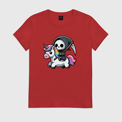 Футболка хлопковая женская Смерть верхом на единороге, цвет: красный