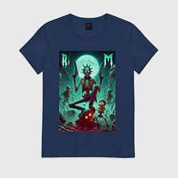 Футболка хлопковая женская Скелет Рика с двумя пистолетами и Морти, цвет: тёмно-синий