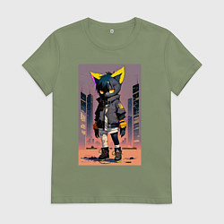 Футболка хлопковая женская Уличный котёнок хулиган - нейроарт, цвет: авокадо