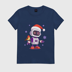 Футболка хлопковая женская Робот и снежинки, цвет: тёмно-синий