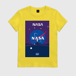 Футболка хлопковая женская NASA фиолетовый плакат, цвет: желтый