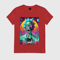 Футболка хлопковая женская Кибер Рик и Морти на мотоцикле, цвет: красный