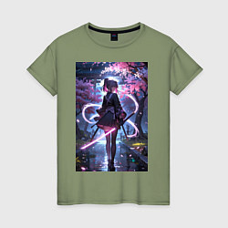 Женская футболка Девушка с катаной на фоне цветущей сакуры