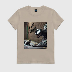 Футболка хлопковая женская Cat and Symbiote - we are Venom meme, цвет: миндальный