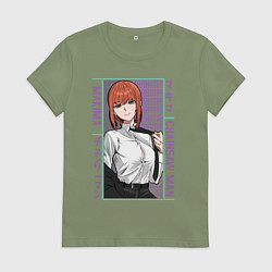 Футболка хлопковая женская Человек-бензопила Макима в костюме, цвет: авокадо