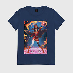 Футболка хлопковая женская Мегумин колдует взрывную магию, цвет: тёмно-синий
