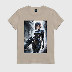 Женская футболка Девушка в кожаном костюме со снайперской винтовкой