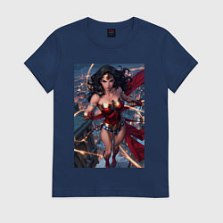 Футболка хлопковая женская Чудо-женщина на крыше с городским фоном в стиле ко, цвет: тёмно-синий