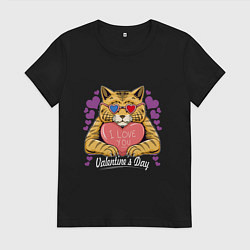 Футболка хлопковая женская Влюбленный котик, цвет: черный