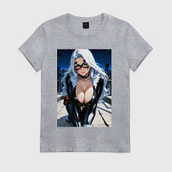 Футболка хлопковая женская Черная кошка на крыше небоскреба, цвет: меланж