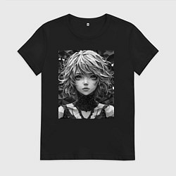 Футболка хлопковая женская Аниме портрет девушки в черно-белом цвете, цвет: черный