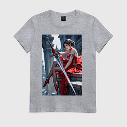 Футболка хлопковая женская Девушка в красном платье с мечем, цвет: меланж