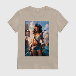 Футболка хлопковая женская Пиратка на фона флотилии кораблей, цвет: миндальный