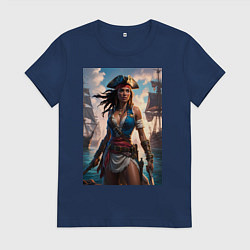 Женская футболка Пиратка на фона флотилии кораблей