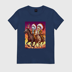 Футболка хлопковая женская Индейцы Рик и Морти скачут на лошадях, цвет: тёмно-синий