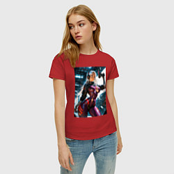 Футболка хлопковая женская Девушка с оружием в киберпанк стиле, цвет: красный — фото 2