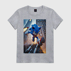 Футболка хлопковая женская Соник убегает от летящих ракет, цвет: меланж