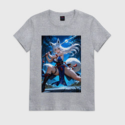 Футболка хлопковая женская Лисица с катаной на фоне Луны, цвет: меланж