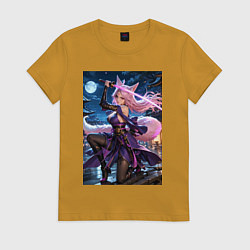 Женская футболка Лисица с катаной на фоне Луны