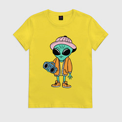Футболка хлопковая женская Инопланетянин с магнитофоном, цвет: желтый