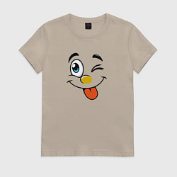 Футболка хлопковая женская Позитивный смайлик, цвет: миндальный