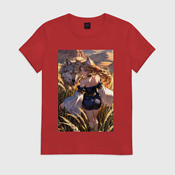 Футболка хлопковая женская Девушка-волчица посреди поля пшеницы, цвет: красный