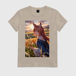 Женская футболка Девушка-волчица посреди поля пшеницы
