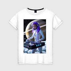 Женская футболка Девушка космо DJ на фоне сатурна