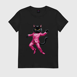 Женская футболка Черный кот в розовом костюме танцует