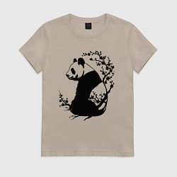 Футболка хлопковая женская Черная панда и сакура, цвет: миндальный