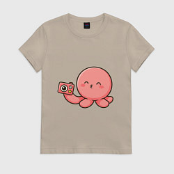 Футболка хлопковая женская Такопи с фотоаппаратом, цвет: миндальный