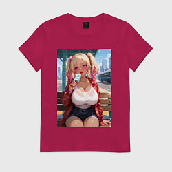 Футболка хлопковая женская Симпотная девушка-гяру с мороженным - аниме, цвет: маджента