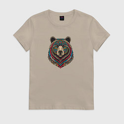 Футболка хлопковая женская Портрет медведя этника, цвет: миндальный