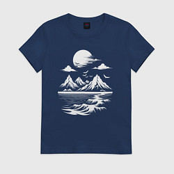 Футболка хлопковая женская Пейзаж с горами и морем, цвет: тёмно-синий